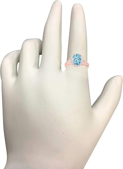 Aonejewelry 1.95 Carat 10K Solid Rose, White & Yellow Gold Oval Shape Aquamarine Diamond Ring, Best Valentinesday Gift