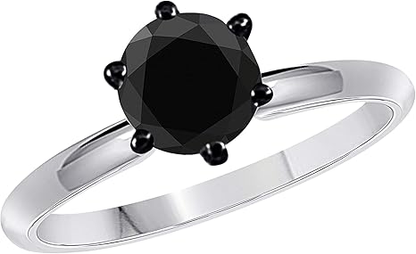 Black Diamond Solitaire Engagement Ring In 10K White Gold (Available In 0.50-3.00 Carat), Best Valentinesday Gift