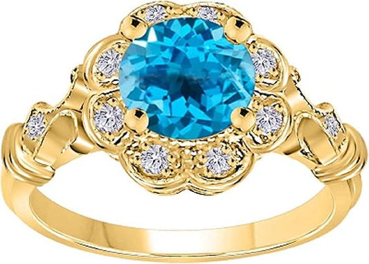 1 Carat Natural Blue-Topaz Gemstone And Halo Diamond Ring In 10K Solid Rose,White & Yellow Gold, Best Valentinesday Gift