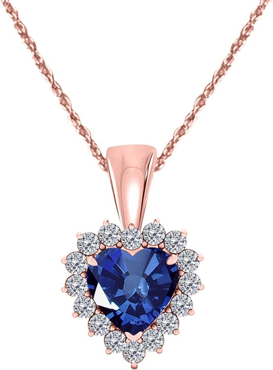 3/4 Carat Heart Shape Created Sapphire Gemstone In Center With 16 Side White Diamond Pendant Necklace For Woman Crafted In 10k Rose White & Yellow Gold With 18" Gold Plated Over 925 Sterling Silver Box Chain