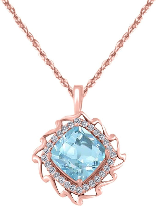 5.45 Carat Cushion-Cut Created Aquamarine Gemstone With 28 Side White Diamond Pendant Necklace For Woman Crafted In 10k Rose White & Yellow Gold With 18" Gold Plated Over 925 Sterling Silver Box Chain