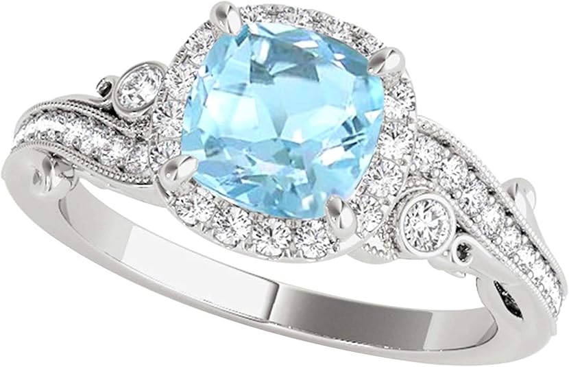 Aonejewelry 1.50 Carat Cushion Cut Aquamarine In Center And White Diamond On Side Engagement Wedding Ring For Woman Crafted In 10K Solid Rose White Yellow Gold, Best Valentinesday Gift