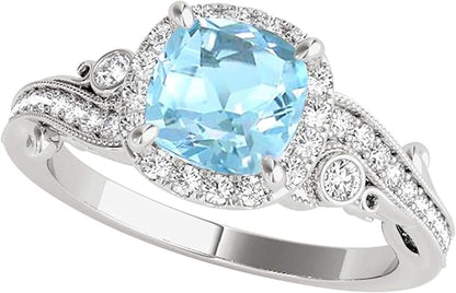 Aonejewelry 1.50 Carat Cushion Cut Aquamarine In Center And White Diamond On Side Engagement Wedding Ring For Woman Crafted In 10K Solid Rose White Yellow Gold, Best Valentinesday Gift