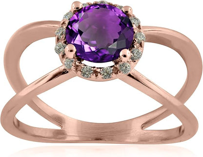 Aonejewelry 0.85 Carat 6MM Round Amethyst And Diamond Ring In 10K Solid Rose, White & Yellow Gold, Best Valentinesday Gift