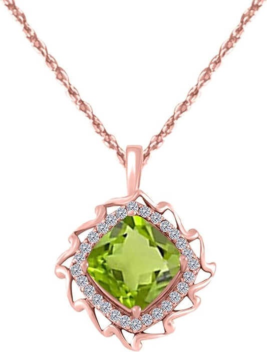 5.45 Carat Cushion-Cut Created Peridot Gemstone With 28 Side White Diamond Pendant Necklace For Woman Crafted In 10k Rose White & Yellow Gold With 18" Gold Plated Over 925 Sterling Silver Box Chain