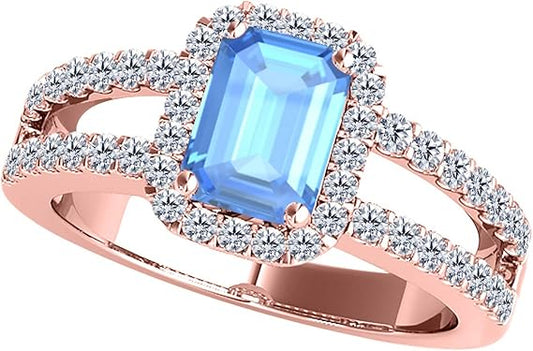 10K Rose Gold Gemstone Ring 2.00 Cttw Natural Blue Topaz And White Diamond Ring, Best Valentinesday Gift