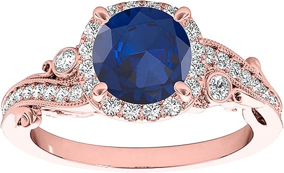 AoneJewelry Sapphire Gemstone Engagement Rings for Women | 10K Rose, White & Yellow gold 1.50 Carat Violet Blue Color Round Cut Prong Setting Genuine Diamond Wedding Jewelry Collection