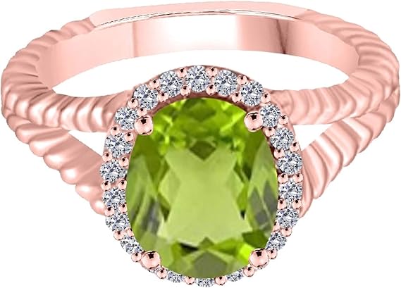 Aonejewelry 1.95 Carat Diamond And Oval Shape Peridot Ring In 10K Solid Rose, White & Yellow Gold, Best Valentinesday Gift