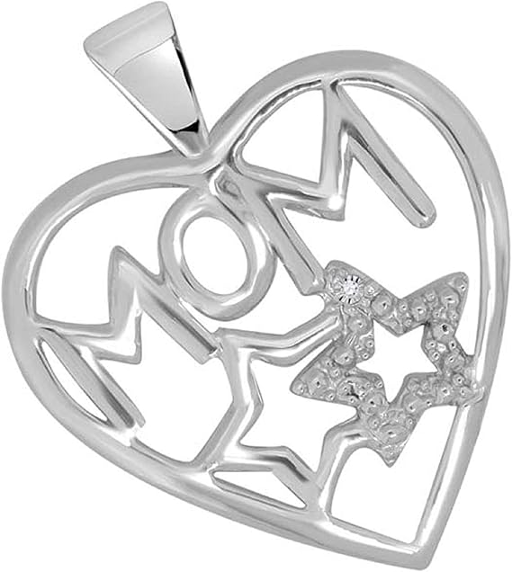 Natural White Diamond With Double Star Heart Shape Mom Pendant For Your Mother Crafted In 925 Sterling Silver With 18" Gold Plated Over 925 Sterling Silver Box Chain