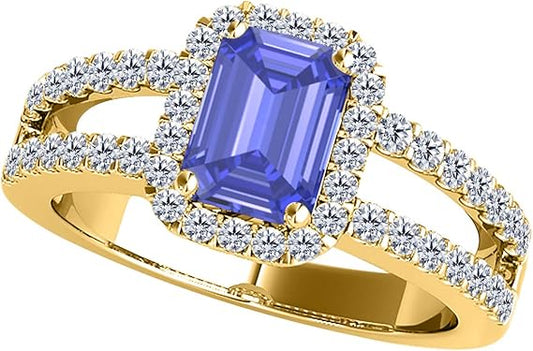 10k Gold (Rose, White And Yellow) Natural Diamond Ring for Women With 2 Cttw Emerald Cut Tanzanite And Diamonds, Best Valentinesday Gift