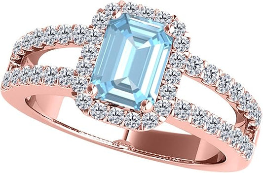 2.00 Cttw Natural Aquamarine And White Diamond Gemstone Ring In 10K Rose Gold Gemstone Emerald Cut Natural Diamond Aquamarine, Best Valentinesday Gift