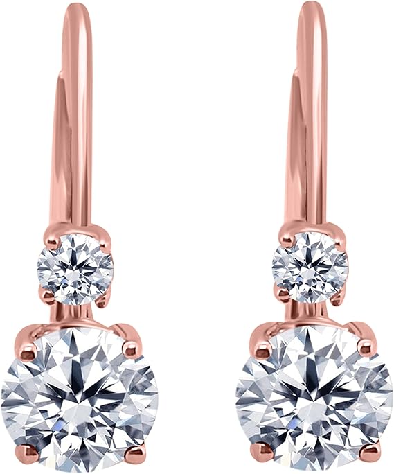 White Diamond Leverback Earring for Women| 14K Rose,White Yellow Gold Carat Stone Round Cut Prong Setting Genuine Diamond Wedding Jewelry