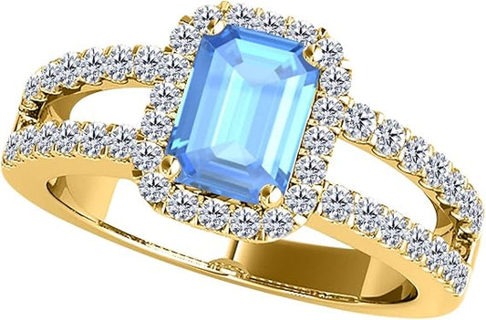 Gemstone 2 Carat Emerald Cut Natural Blue Topaz And Diamond Prong Set Ring in 10k Yellow Gold, Best Valentinesday Gift