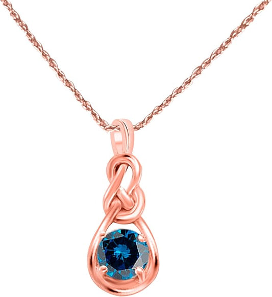 1.00 Carat Natural Blue Diamond "&" Knot Design Pendant Necklace For Woman Crafted In 10k Rose White And Yellow Gold With 18" Gold Plated Over 925 Sterling Silver Box Chain