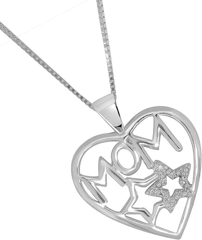 Natural White Diamond With Double Star Heart Shape Mom Pendant For Your Mother Crafted In 925 Sterling Silver With 18" Gold Plated Over 925 Sterling Silver Box Chain