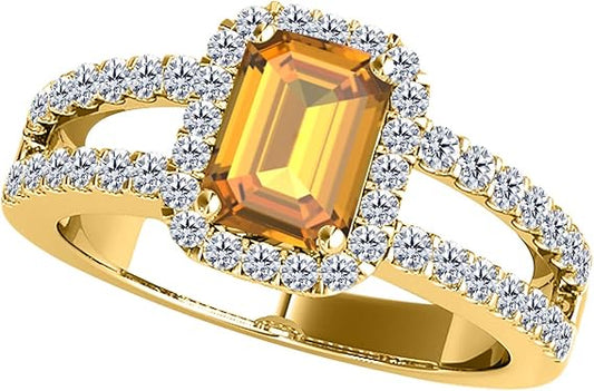 2 Carat Prong Set Ring With Emerald Cut Natural Citrine And Round Cut Diamonds in 10k Yellow Gold, Best Valentinesday Gift