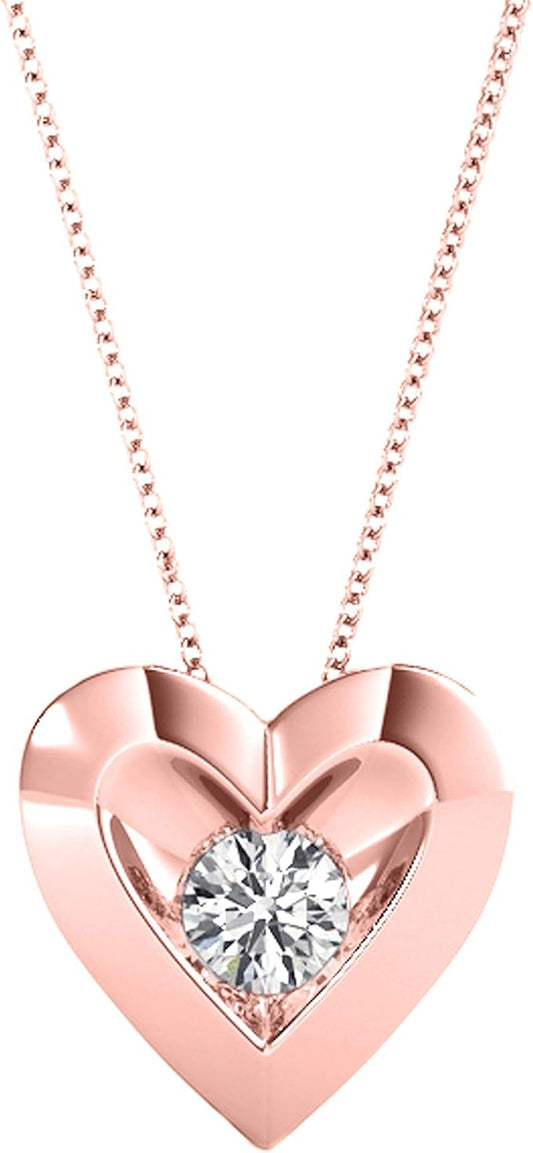 0.25 Carat Natural White Diamond In Center Of Beautiful Heart Shape Pendant Crafted In Rose White And Yellow Gold With 18" Box Chain Gold Plated Over 925 Sterling Silver For Women