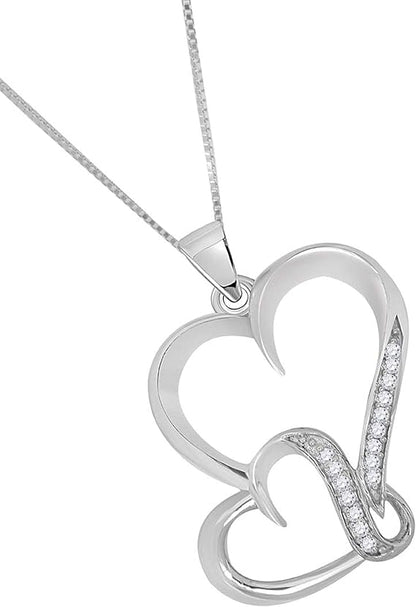 0.10 Carat Natural Round Shape Diamond With Double Heart Shape Design Lightweight Pendant Necklace For Woman Wedding Engagement Anniversary Jewelry Collection Crafted In 925 Sterling Silver With 18" 925 Sterling Silver Box Chain