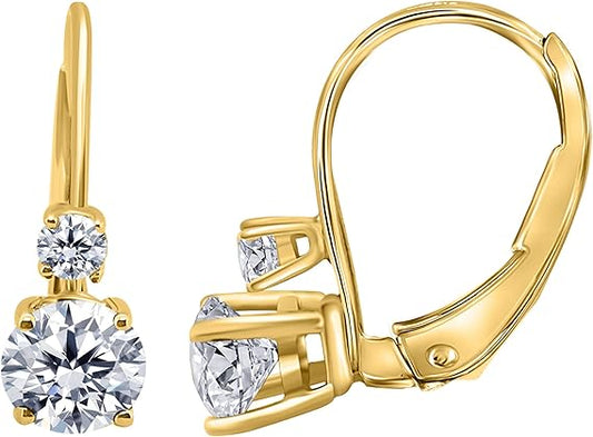 White Diamond Leverback Earring for Women| 14K Rose,White & Yellow Gold 0.75 Carat 4 Stone Round Cut Prong Setting Genuine Diamond Wedding Jewelry Collection