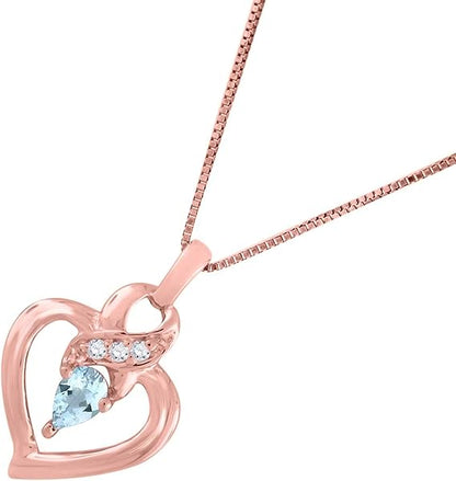 0.25 Carat 5x3 Pear Shape Gemstone And Diamond In Heart Shape Pendant For Woman Crafted In 10k Rose White And Yellow Gold With 18" Gold Plated Over 925 Sterling Silver Box Chain