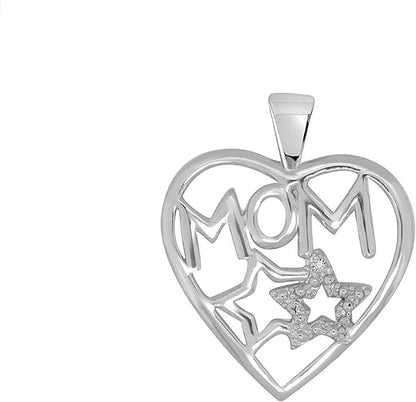 Natural White Diamond With Double Star Heart Shape Mom Pendant For Your Mother Crafted In 925 Sterling Silver With 18" Gold Plated Over 925 Sterling Silver Box Chain