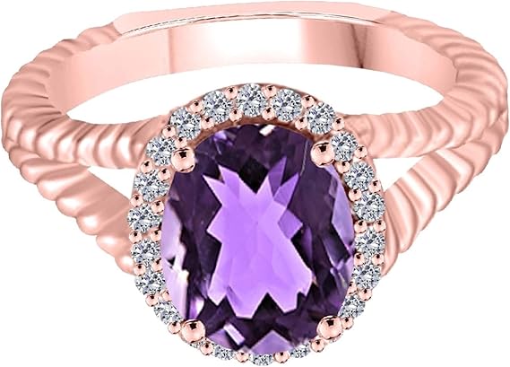 Aonejewelry 1.95 Carat Diamond And Oval Shape Amethyst Ring In 10K Solid Rose, White, Yellow Gold, Best Valentinesday Gift