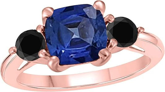 Aonejewelry 2.20 Carat Sapphire And Black Diamond Three Stone Ring In 10K Solid Rose, White & Yellow Gold, Best Valentinesday Gift