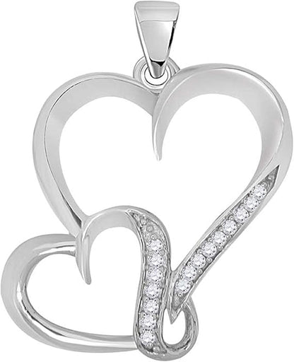 0.10 Carat Natural Round Shape Diamond With Double Heart Shape Design Lightweight Pendant Necklace For Woman Wedding Engagement Anniversary Jewelry Collection Crafted In 925 Sterling Silver With 18" 925 Sterling Silver Box Chain