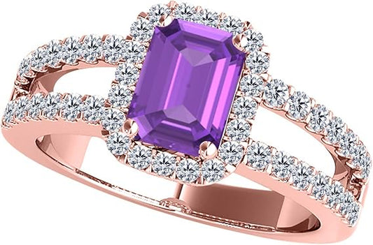 2.00 Carat Emerald Cut Natural Amethyst And Round White Diamond Spilt Shank Ring In 10K Rose Gold (Diamond Color I- J & Clarity I1-I2), Best Valentinesday Gift