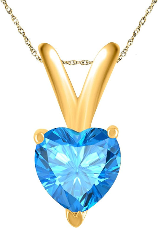 AoneJewelry Blue Topaz Pendant Necklace for Women | 14k Yellow Gold 0.25 Carat 1 Stone Heart Shape Prong Setting 18" Silver Box Chain Necklace Wedding Jewelry Collection