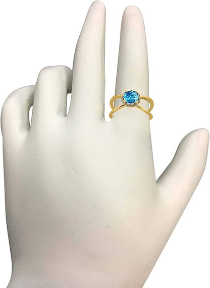 Aonejewelry 0.85 Carat 6MM Round Blue Topaz And Diamond Ring In 10K Solid Rose, White & Yellow Gold, Best Valentinesday Gift