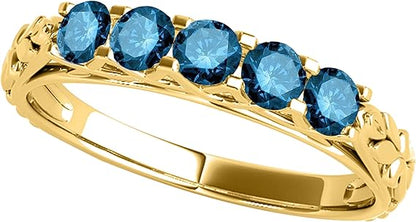 Aonejewelry Blue Diamond 10K 1.00 Carat Five Stone Wedding Band In Rose, White And Yellow Gold, Best Valentinesday Gift