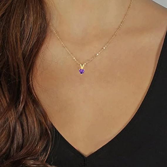 AoneJewelry Amethyst Pendant Necklace for Women | 14k Yellow Gold 0.25 Carat 1 Stone Heart Shape Prong Setting 18" Silver Box Chain Necklace Wedding Jewelry Collection