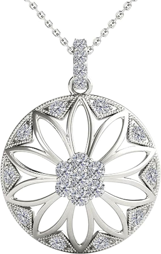 0.25 Carat Natural Round White Diamond Floral Pendant Necklace For Women In 10K Rose, Yellow and White Gold with Gold Plated 925 Sterling Silver 18" Box Chain