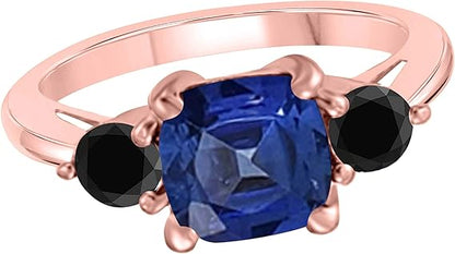 Aonejewelry 2.20 Carat Sapphire And Black Diamond Three Stone Ring In 10K Solid Rose, White & Yellow Gold, Best Valentinesday Gift