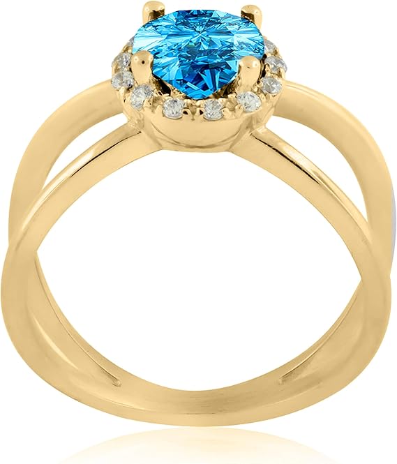 Aonejewelry 0.85 Carat 6MM Round Blue Topaz And Diamond Ring In 10K Solid Rose, White & Yellow Gold, Best Valentinesday Gift