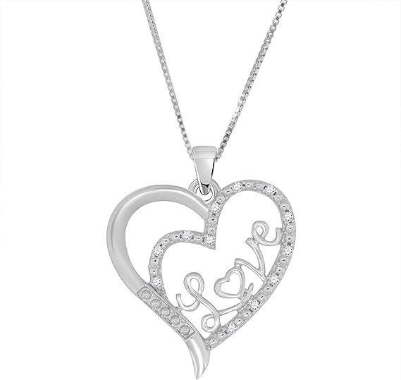 0.10 Carat Round shape Natural Diamond Heart Shape LOVE Pendant For Woman Crafted In 925 Sterling Silver With 18" Gold Plated Over 925 Sterling Silver Box Chain