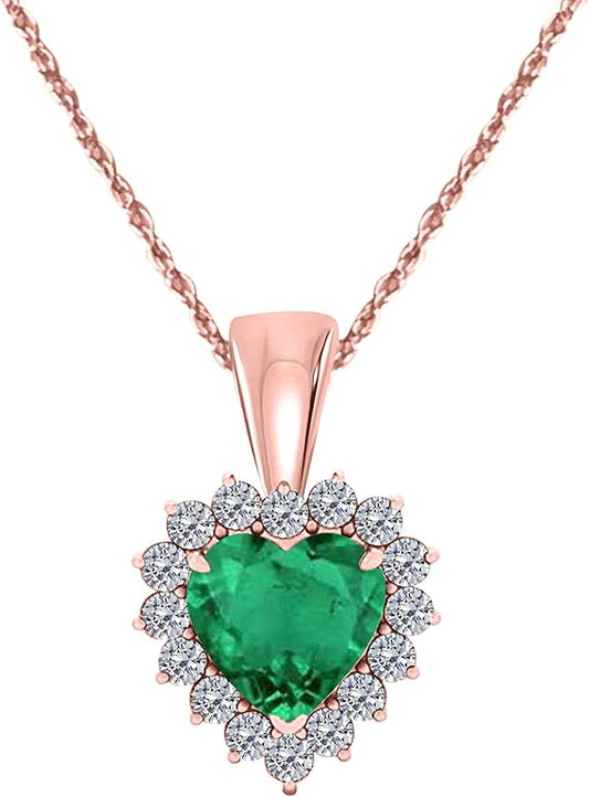 3/4 Carat Heart Shape Created Emerald Gemstone In Center With 16 Side White Diamond Pendant Necklace For Woman Crafted In 10k Rose White & Yellow Gold With 18" Gold Plated Over 925 Sterling Silver Box Chain