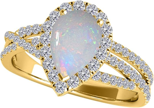 2.00 Carat Pear Shape Opal & Diamond Gemstone Ring In 10K Yellow Solid Gold, Best Valentinesday Gift