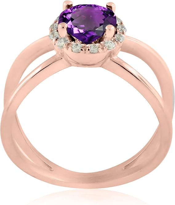 Aonejewelry 0.85 Carat 6MM Round Amethyst And Diamond Ring In 10K Solid Rose, White & Yellow Gold, Best Valentinesday Gift