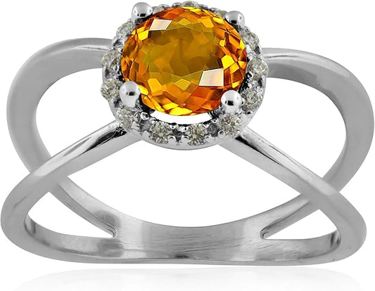 Aonejewelry 0.85 Carat 6MM Round Citrine And Diamond Ring In 10K Solid Rose, White & Yellow Gold, Best Valentinesday Gift