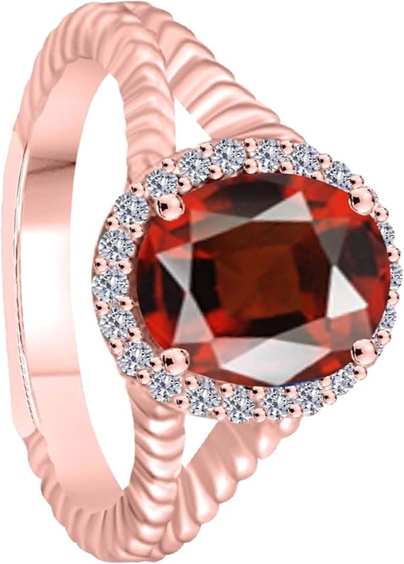 Aonejewelry 10K Diamond And Oval Shape Garnet Ring In Solid Rose, White & Yellow Gold, Best Valentinesday Gift