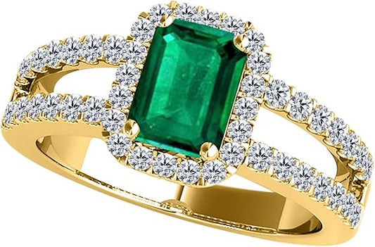 10k Gold (Rose, White, Yellow) Gemstone Ring With 2 Cttw Emerald Cut Emerald And Natural Diamonds, Best Valentinesday Gift