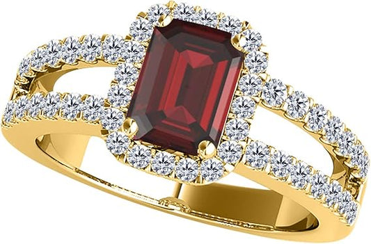 2 Carat Gemstone Prong Set Ring in 10k Gold (Rose, White, Yellow) With Emerald Cut Garnet And Diamonds, Best Valentinesday Gift