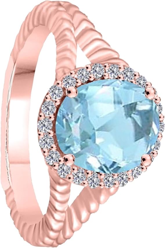 Aonejewelry 1.95 Carat 10K Solid Rose, White & Yellow Gold Oval Shape Aquamarine Diamond Ring, Best Valentinesday Gift