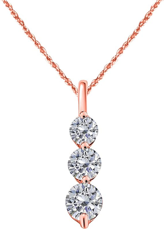 0.50 Carat Natural White Diamond Three Stone Design Pendant Necklace For Woman Crafted In 10k Rose White And Yellow Gold With 18" Gold Plated Over 925 Sterling Silver Box Chain