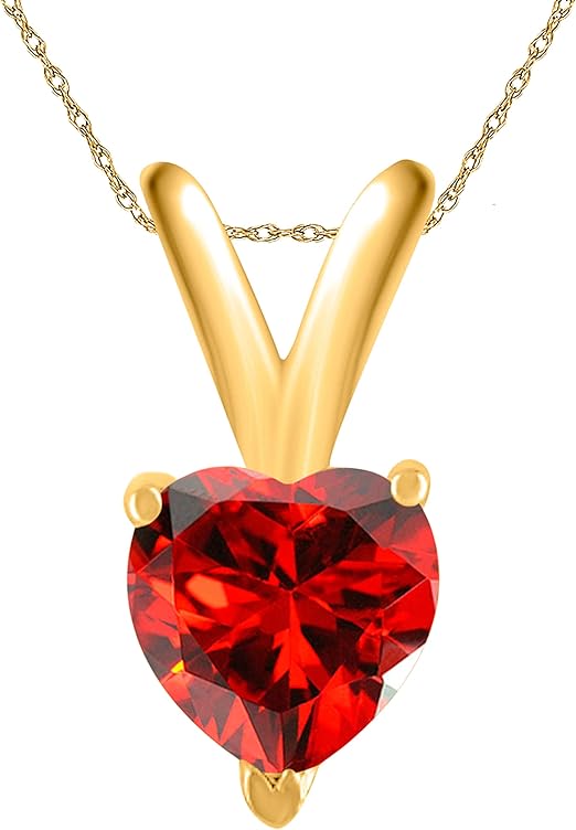 Garnet Pendant Necklace for Women | 14k Yellow Gold 0.25 Carat 1 Stone Heart Shape Prong Setting 18" Silver Box Chain Necklace Wedding Jewelry Collection