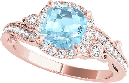 Aonejewelry 1.50 Carat Cushion Cut Aquamarine In Center And White Diamond On Side Engagement Wedding Ring For Woman Crafted In 10K Solid Rose White Yellow Gold, Best Valentinesday Gift