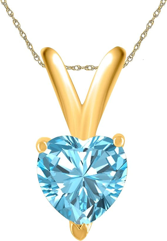 AoneJewelry Aquamarine Pendant Necklace for Women | 14k Yellow Gold 0.25 Carat 1 Stone Heart Shape Prong Setting 18" Silver Box Chain Necklace Wedding Jewelry Collection