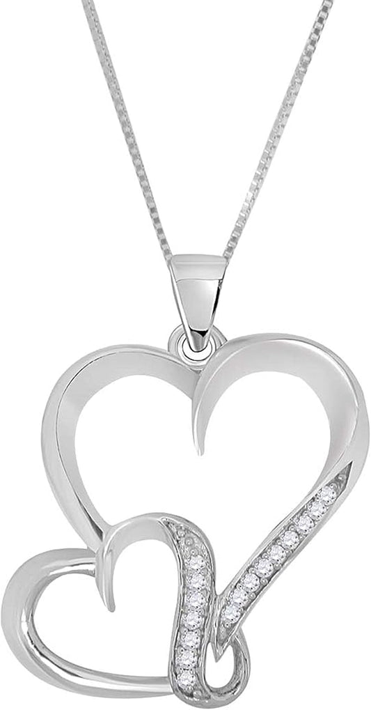 0.10 Carat Natural Round Shape Diamond With Double Heart Shape Design Lightweight Pendant Necklace For Woman Wedding Engagement Anniversary Jewelry Collection Crafted In 925 Sterling Silver With 18" 925 Sterling Silver Box Chain